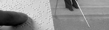 Left picture is a close up of a finger reading braille. Right picture is of a person travelling with a long white cane