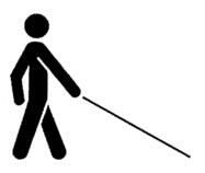 International stick-figure of a blind person with a confident walk and a long cane