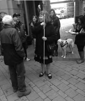 Blind Demonstrators and guide dogs outside BC Ministry of Justice, December 3, 2015.
