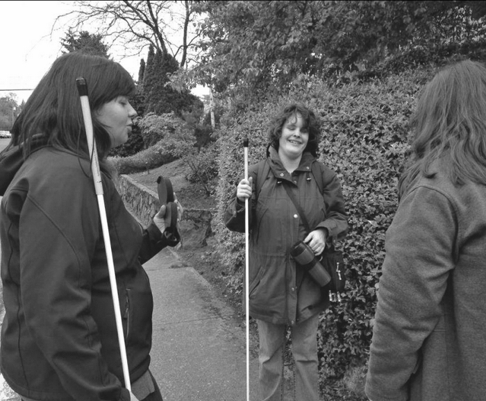 Participants learn how to travel with a cane in the Pacific Training Centre for the Blind’s Blind People in Charge program, in which blind people are also instructors. The program is the only one of its kind in Western Canada and recently won a $20,000 award from ABC Literacy Canada. (Photo courtesy of Pacific Training Centre for the Blind)
