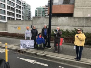 Graeme McCreath asks the "SafetyMinister" questions on Pandora Avenue in Victoria. 