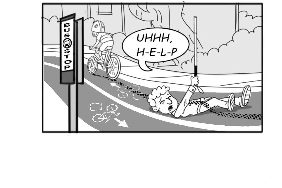 Cartoon image – man lays in a bike lane near floating bus stop, holding white cane in the air, yelling “help!” The cyclist who hit him rides away.]