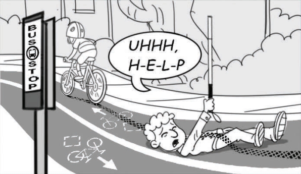 Cartoon image – man lays in a bike lane near floating bus stop, holding white cane in the air, yelling “help!” The cyclist who hit him rides away.]